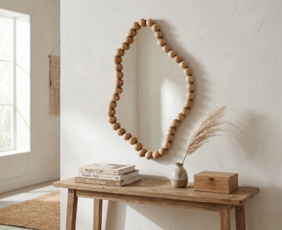مراية حائط غير منتظمة بإطار كرات خشبية بنية بتصميم ديكوري مودرن – 55×90 سم