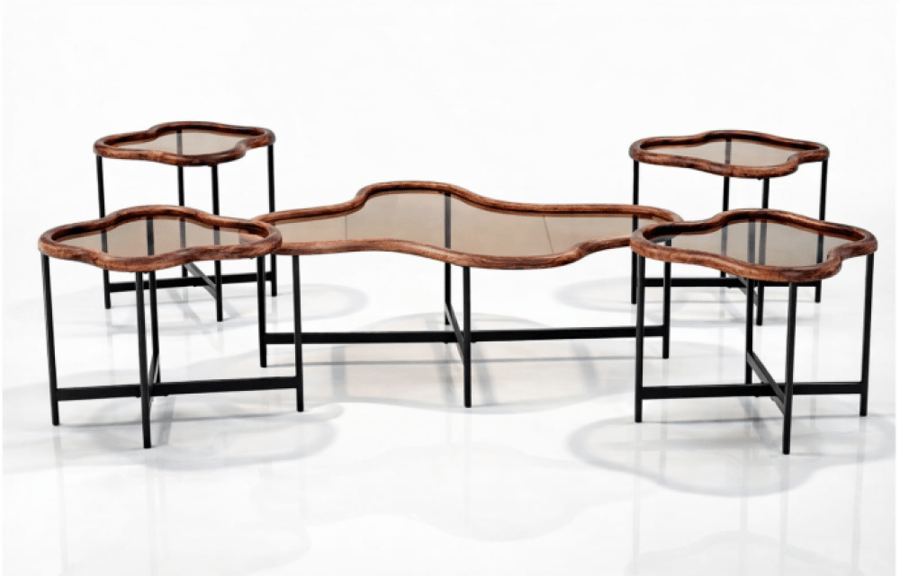 Set of 5 tables with wavy design, wooden frame, and distinctive glass