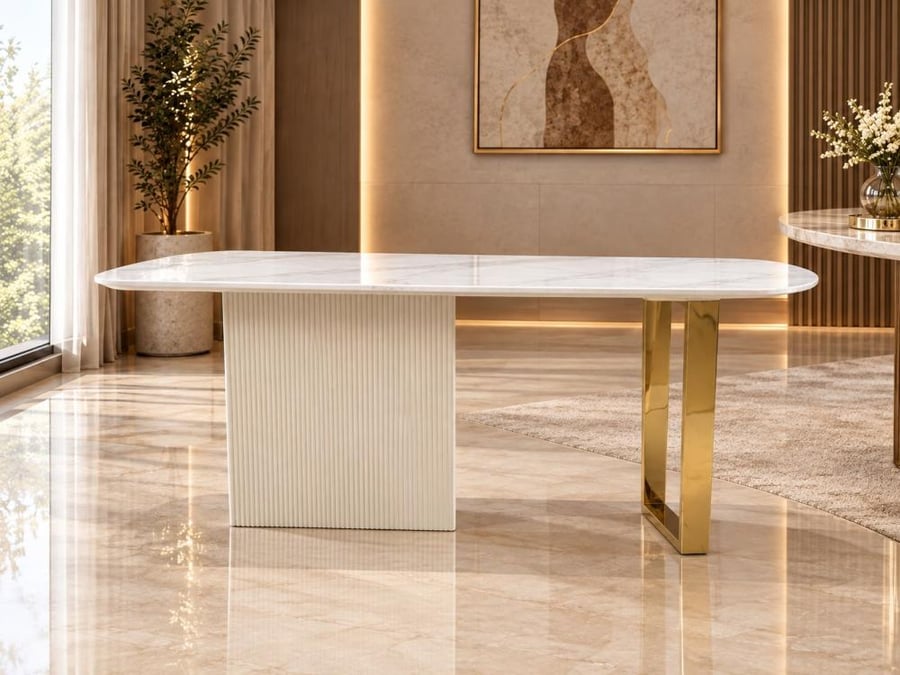 طاولة طعام مع 6 كراسي وبوفيه ستانلس ذهبي وأبيض 160×90×75 سم