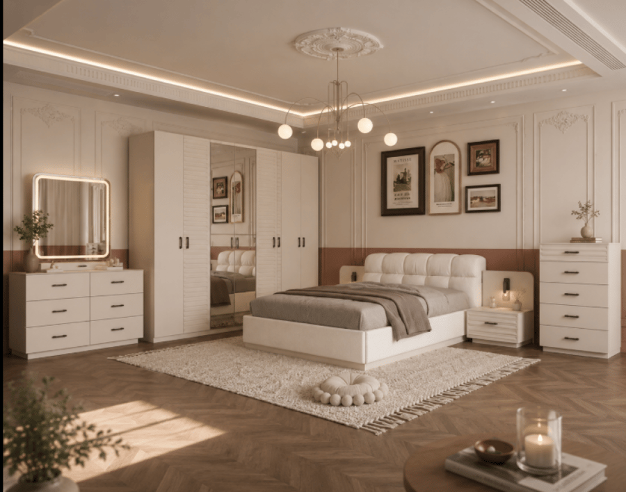 غرفة نوم رومانسية حديثة | سرير LED ذاتي + دولاب متعدد + كومود + تسريحة مرآة | تصميم ناعم راقي