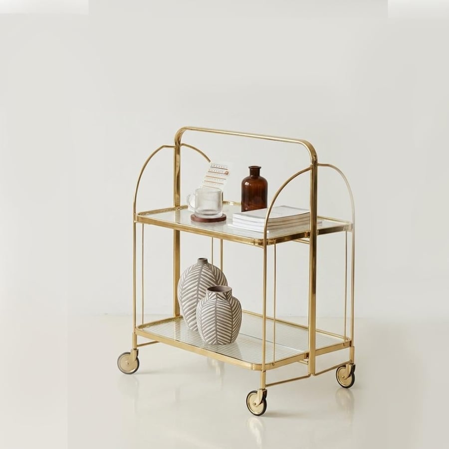 Folding serving cart in gold steel with glass – 60x42x80 cm