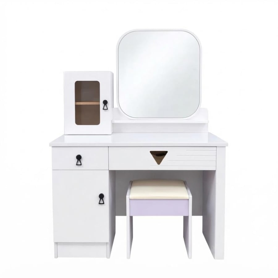 تسريحة غرفة نوم مودرن | مرآة كبيرة | دولاب تخزين علوي | أدراج متعددة | كرسي مريح | أبيض