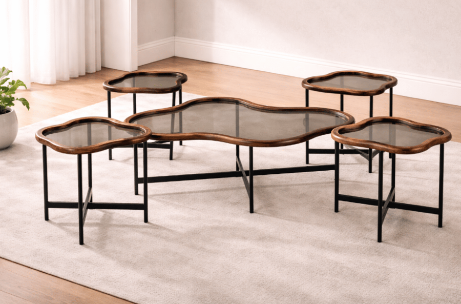 Set of 5 tables with wavy design, wooden frame, and distinctive glass