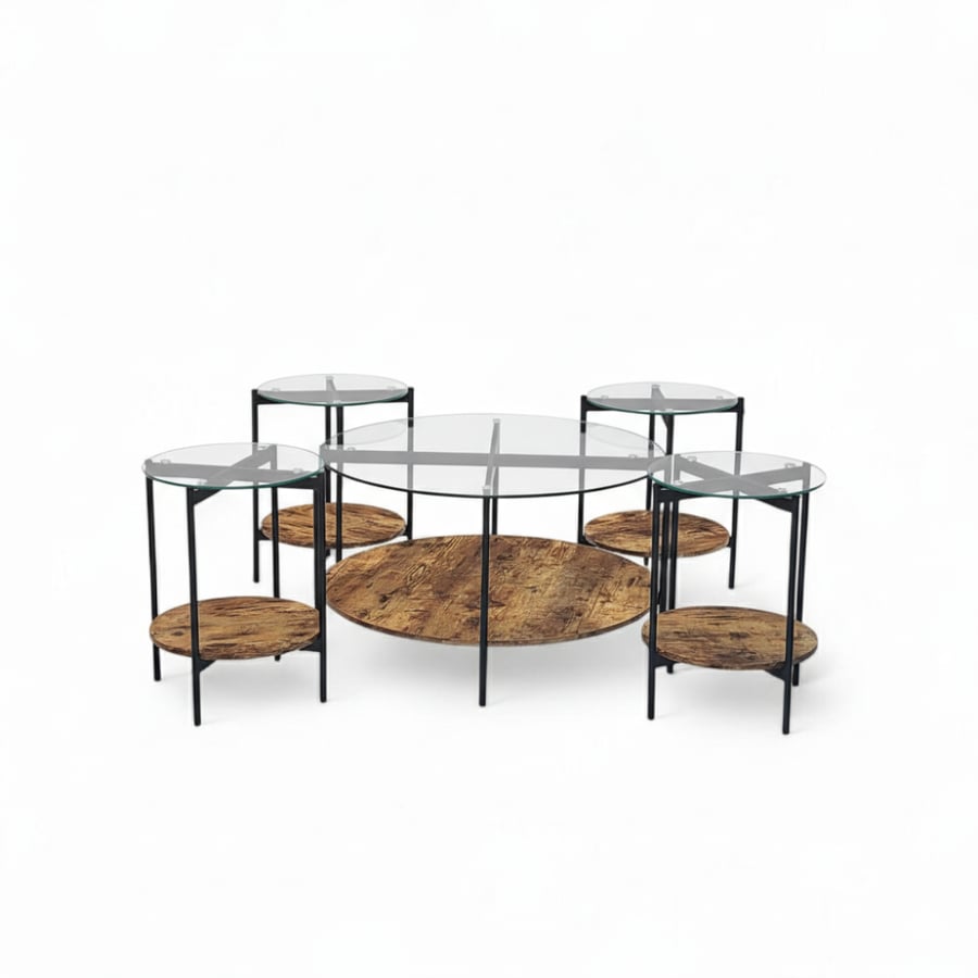 Set of 5 wooden tables with modern glass
