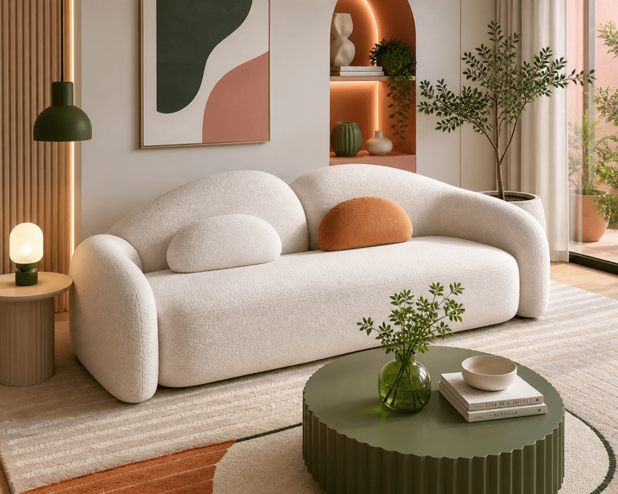 كنبة ثلاثية المقاعد 220×85×85 سم خشب سويدي وقماش بوكلية - اوف وايت