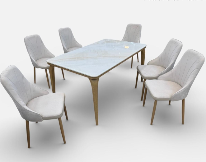 طاولة طعام رخام وكراسي بيضاء 7 قطع - تصميم عصري - مقاس 150x90x75 سم - جودة عالية