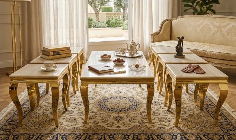 طقم طاولات شاي وخدمة فاخر 7 قطع - ستيل ذهبي وأسطح رخامي
