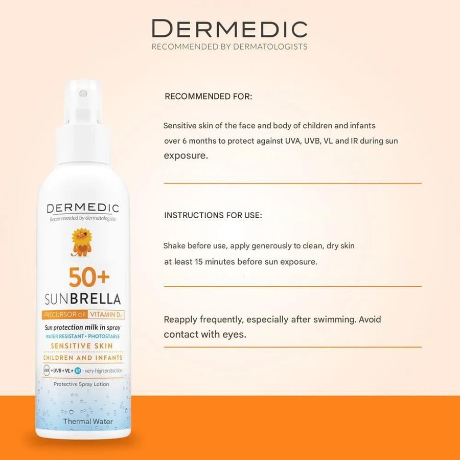 بخاخ حليبي سنبريلا واقي للشمس  SPF50 لكل انواع البشرة الحساسه من ديرميديك - 150 مل