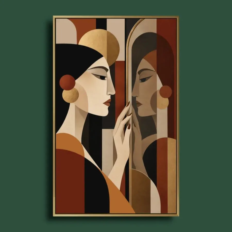 لوحة مواجهة الروح (شكلين) - كانفس فني لوجوه متقابلة وتفاصيل ذهبية
