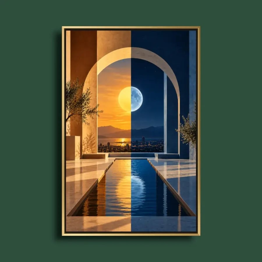 لوحة بين ضوء وظل (3 أشكال) - كانفس فني لعمارة تجريدية وضوء وظل وشمس وقمر بألوان زرقاء وذهبية ودرجات دافئة