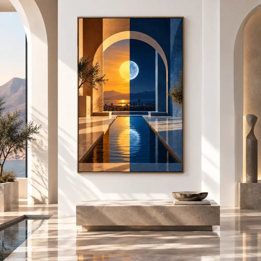 لوحة بين ضوء وظل (3 أشكال) - كانفس فني لعمارة تجريدية وضوء وظل وشمس وقمر بألوان زرقاء وذهبية ودرجات دافئة