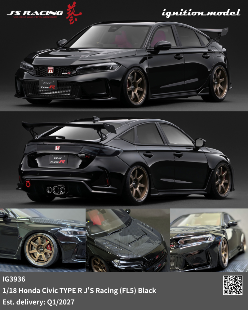 1/18 Ignition Model IG3936 Honda Civic Type-R J'S Racing (FL5) Black