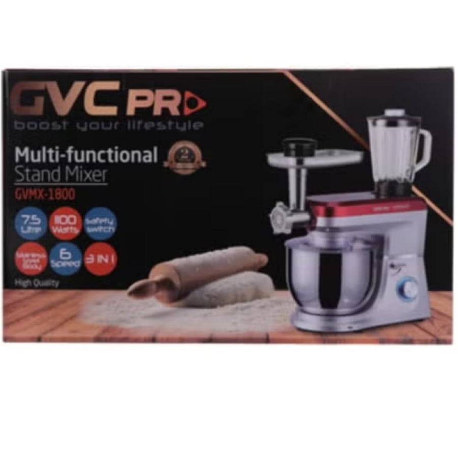 عجانة وخلاط 3 في 1 GVC PRO سعة 7.5 لتر – قدرة 1100 واط مع خلاط ومفرمة لحم – موديل GVMX-1800
