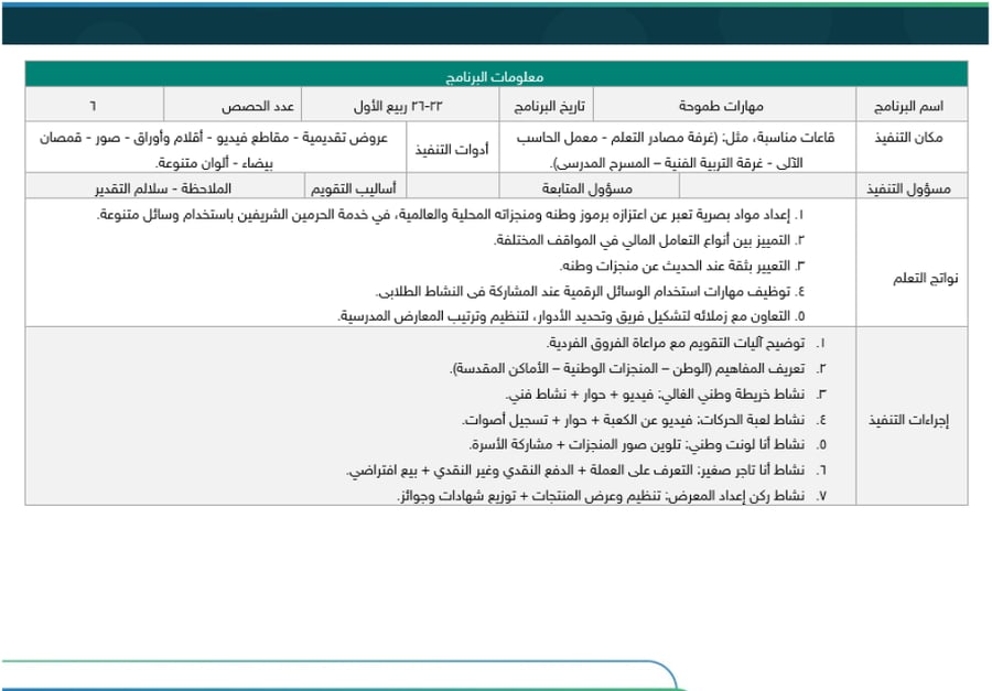 خطة النشاط الطلابي (ابتدائي) - صفوف عليا