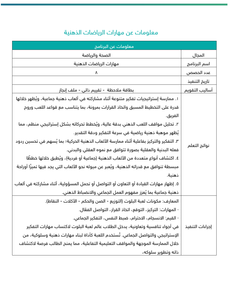 برنامج مهارات الرياضات الذهنية - صفوف عليا