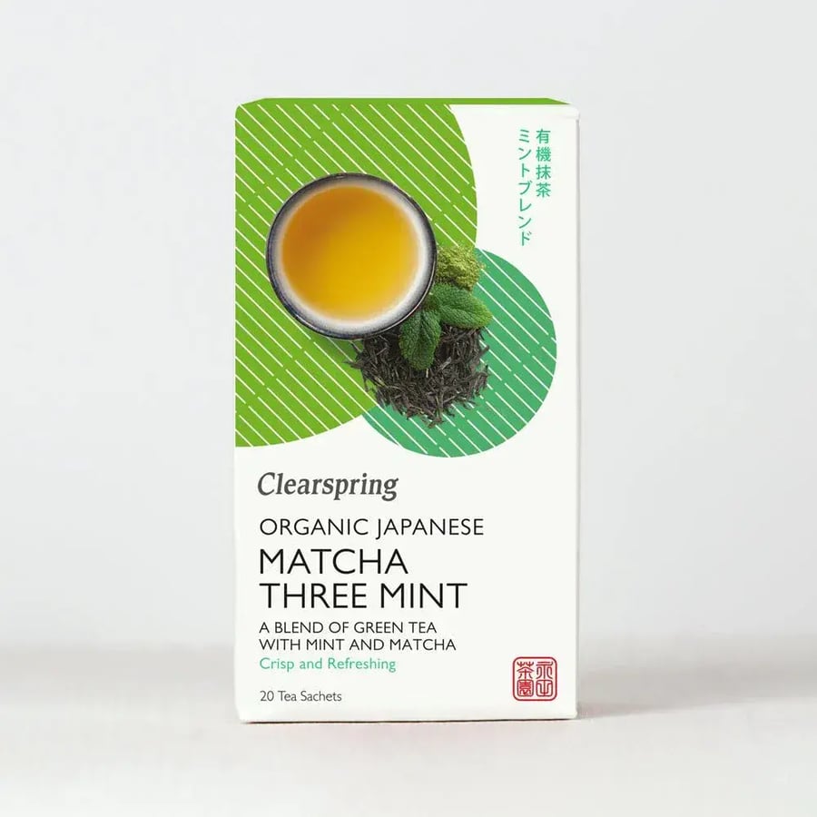 كليرسبرنج شاي الماتشا مع الشاي الأخضر والنعناع عضوي ٢٠ كيس | Clearspring Organic Japanese Matcha Three Mint, Green Tea - 20 Teabags