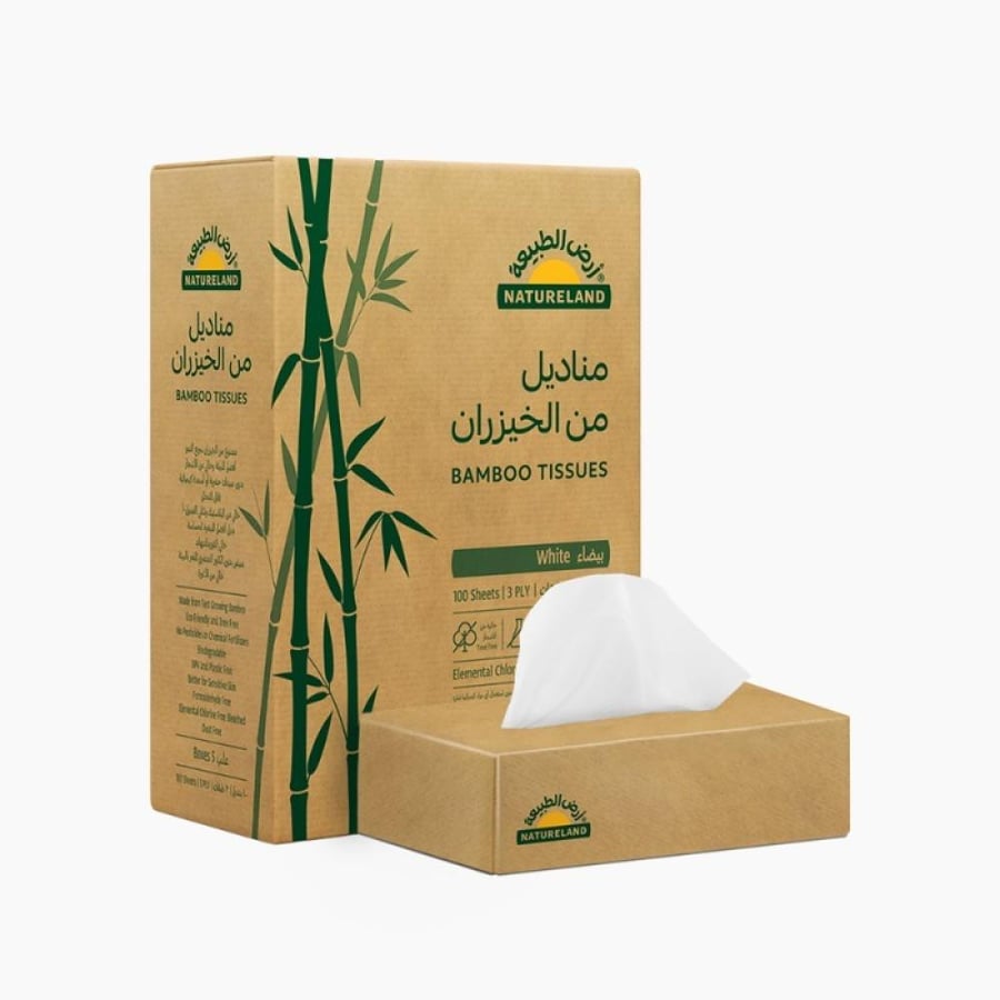 أرض الطبيعة مناديل بيضاء من الخيزران ١٠٠ منديل - ٣ طبقات | Natureland White Bamboo Tissues 100 sheets - 3 ply