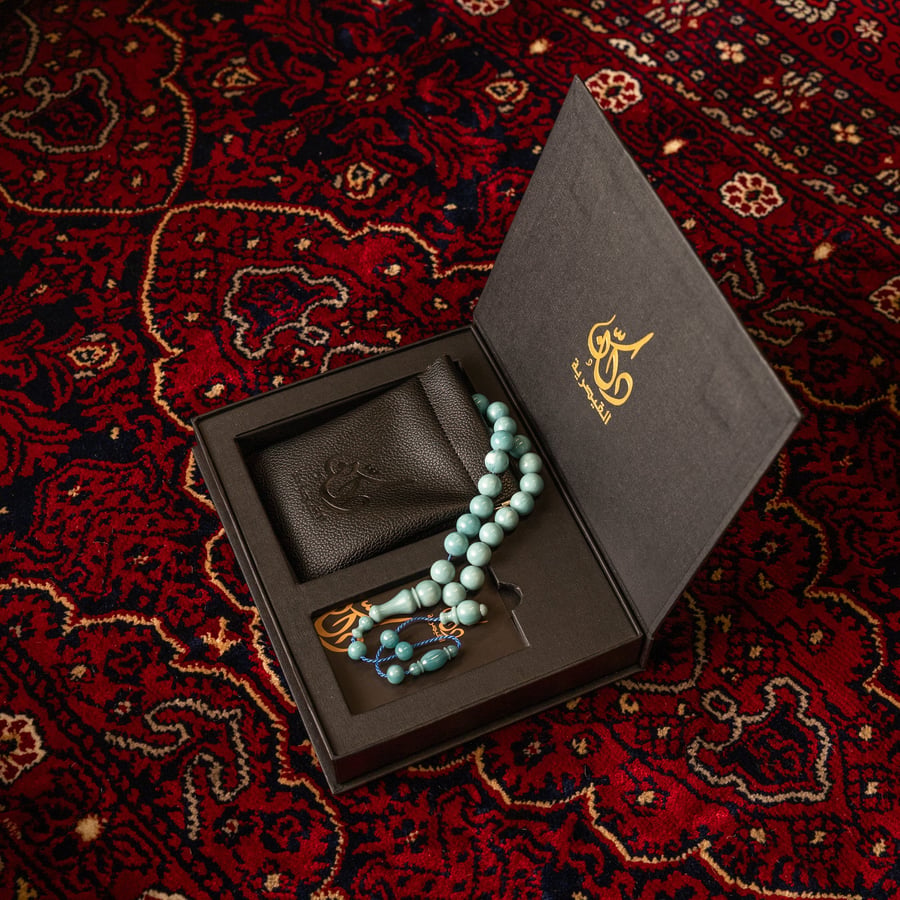 مسبحة فاتوران أزرق رمادي بخيط أزرق 45 خرزة (F607)