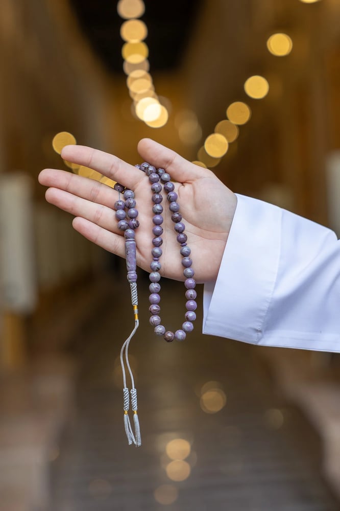 Tasbih with clait "purple marble" (B133) | mauve mottled color - 51 beads (silver charm - weight 34.7g)