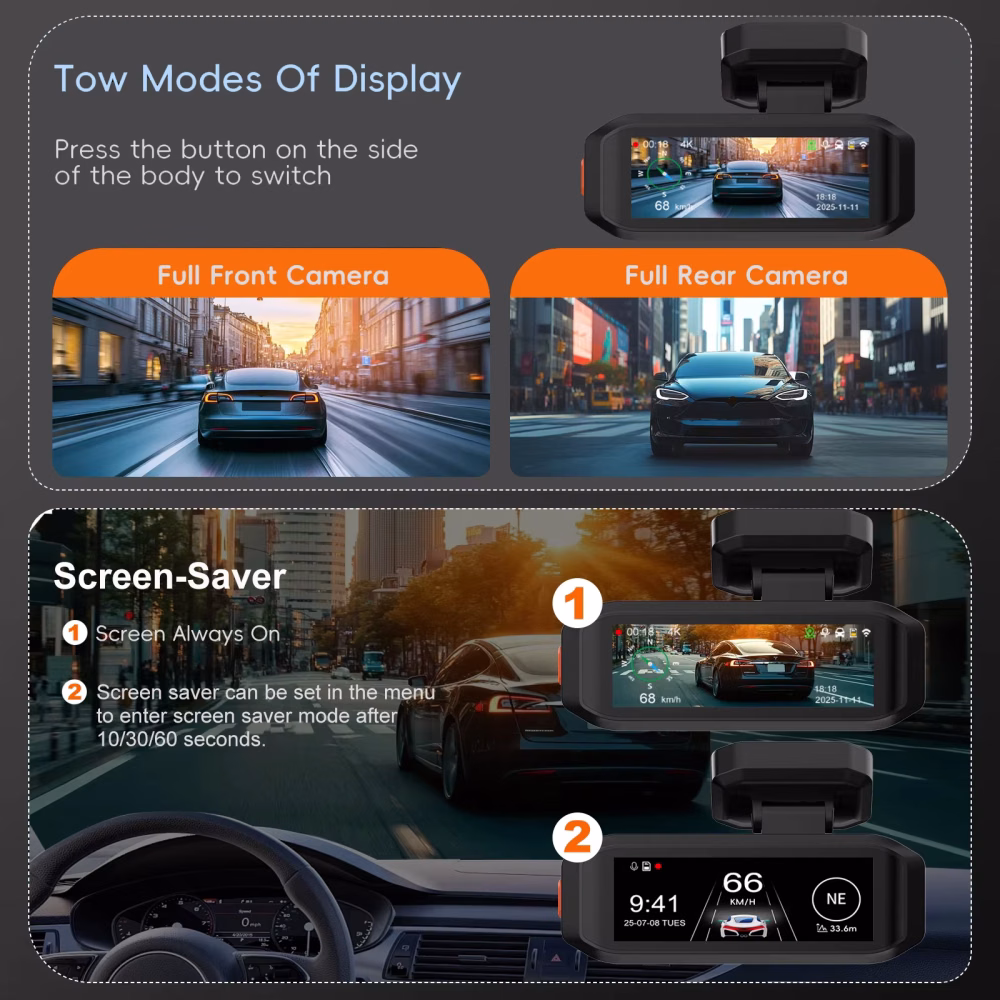 داش كام X-ALL DC2-S05 مزدوجة (أمامية 4K وخلفية 1K  UHD )، شاشة 3.19 بوصة، نظام GPS وتحديد الموقع، مستشعر سرعة، واي فاي مدمج، رؤية ليلية، ودعم ذاكرة حتى 256GB