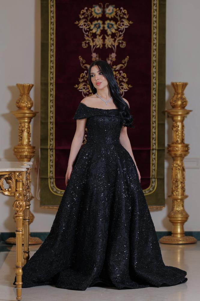 فستان سهرة أسود لامع ترتر منفوش LD001