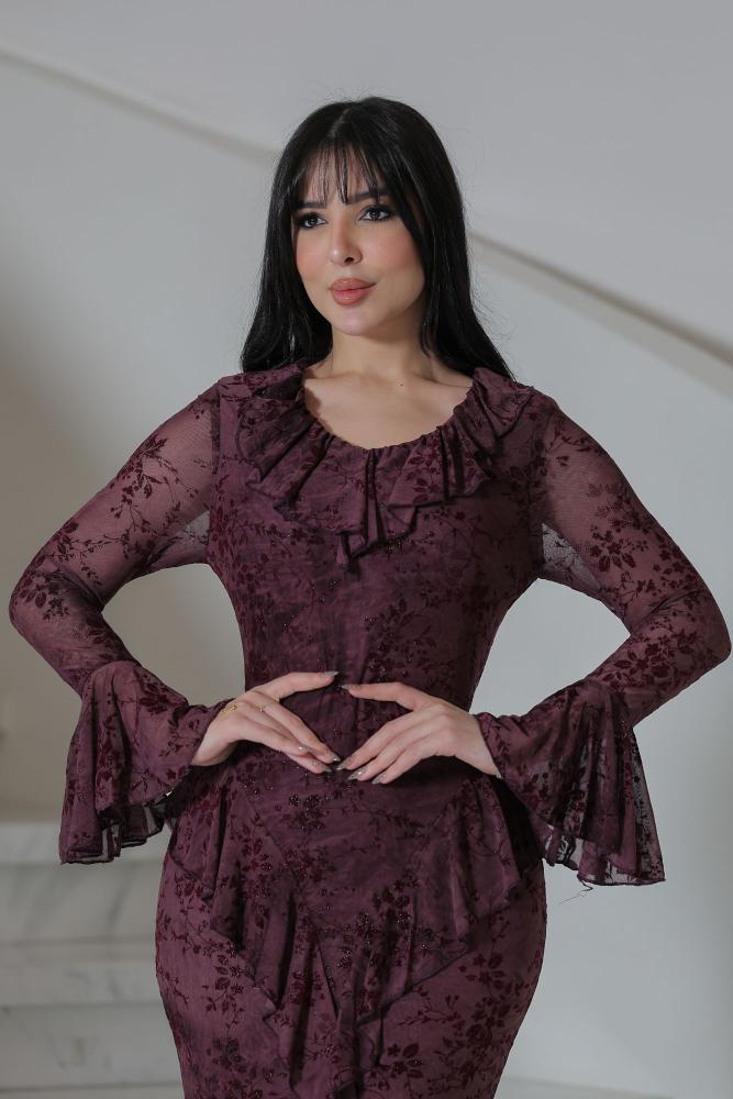 فستان سهرة بنفسجي بنقشة زهرية وكشكش أنيق LD9490