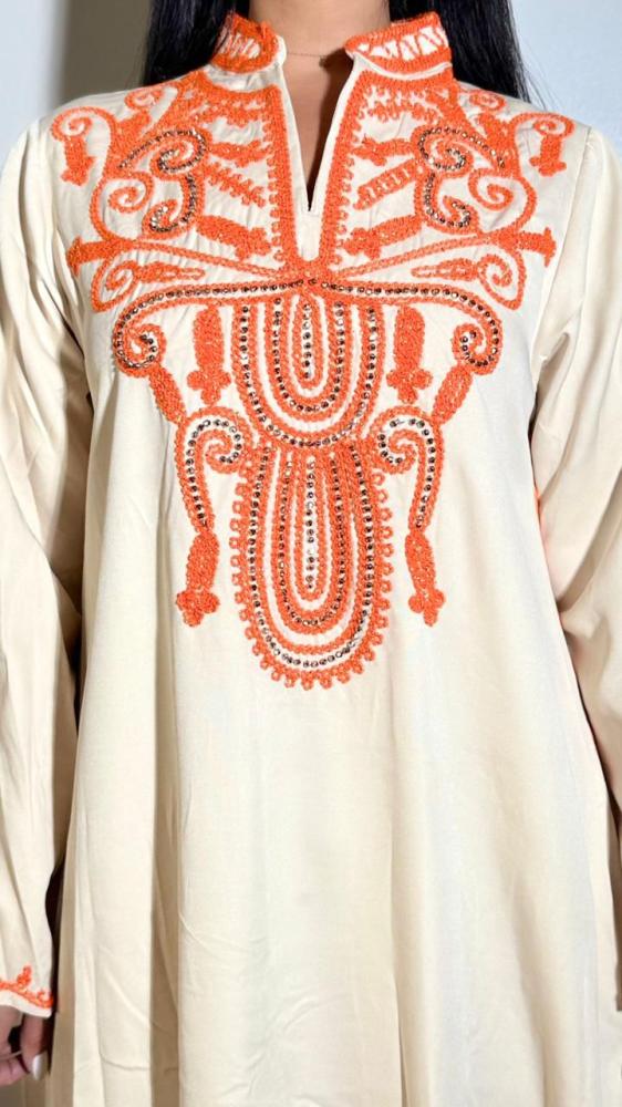 Luxury thobe beige color with orange embroidery