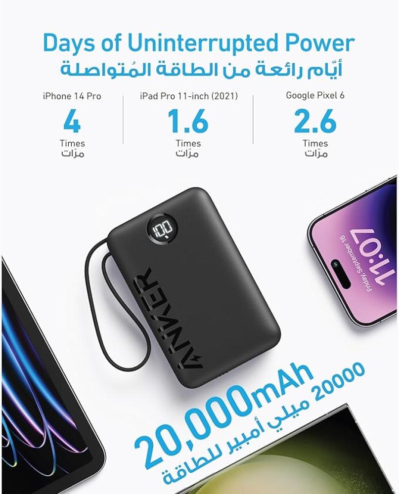 بطارية انكر بسعة 20000 ملي امبير بقوة 22.5 واط بمنفذ تايب سي ومنفذ يو اس بي مع كيبل مدمج تايب سي - اسود