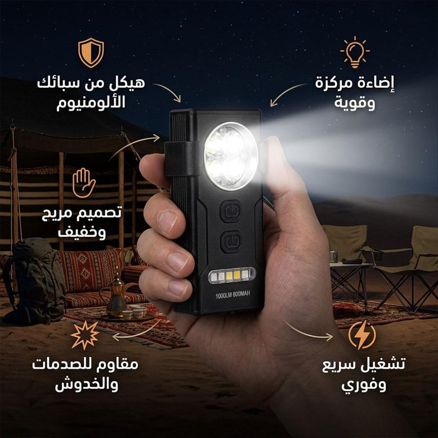كشاف يدوي LED بيد رجل يظهر تصميم الألومنيوم مع إضاءة مركزية وواجهة