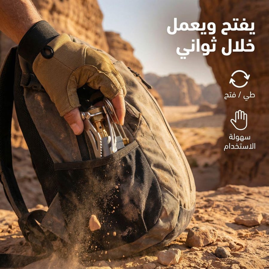 رجل يرتدي قفاز ا يخرج موقد غاز متنقل فضي وخفيف الوزن من حقيبة ظهر في