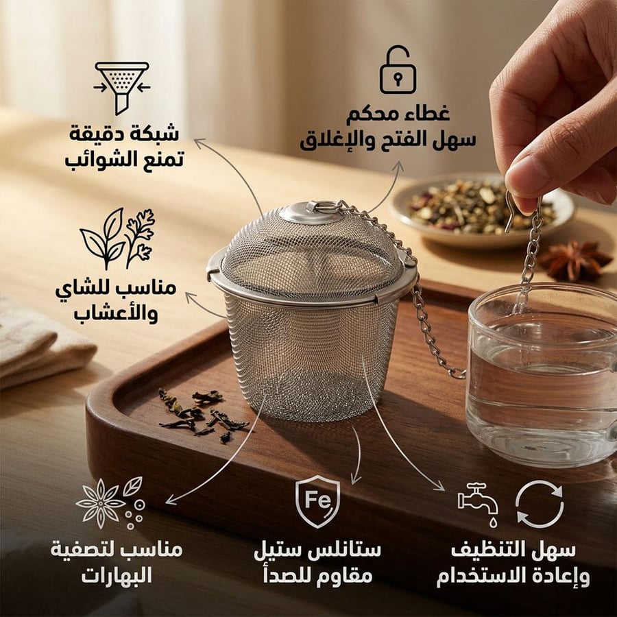 مصفاة شاي ستانلس ستيل بقطر 5 سم مع قفل كروي وسلسلة تنقع الشاي