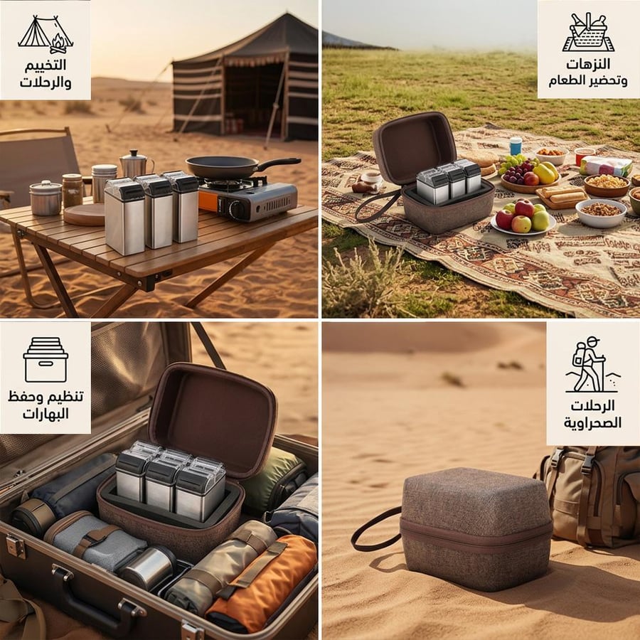 طقم علب بهارات 3 قطع مع شنطة عازلة للماء لتجهيز الطعام في الرحلات