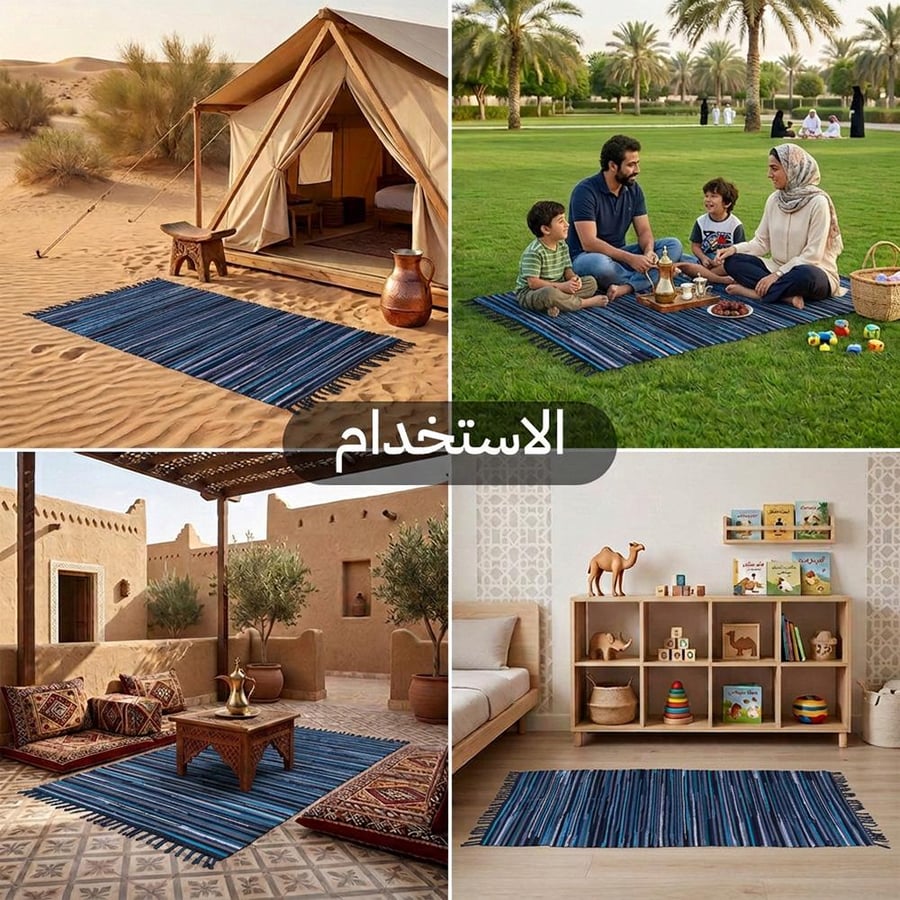 فرشة جلوس زرقاء تستخدم للرحلات والمنزل تظهر في استخدامات متنوعة مثل