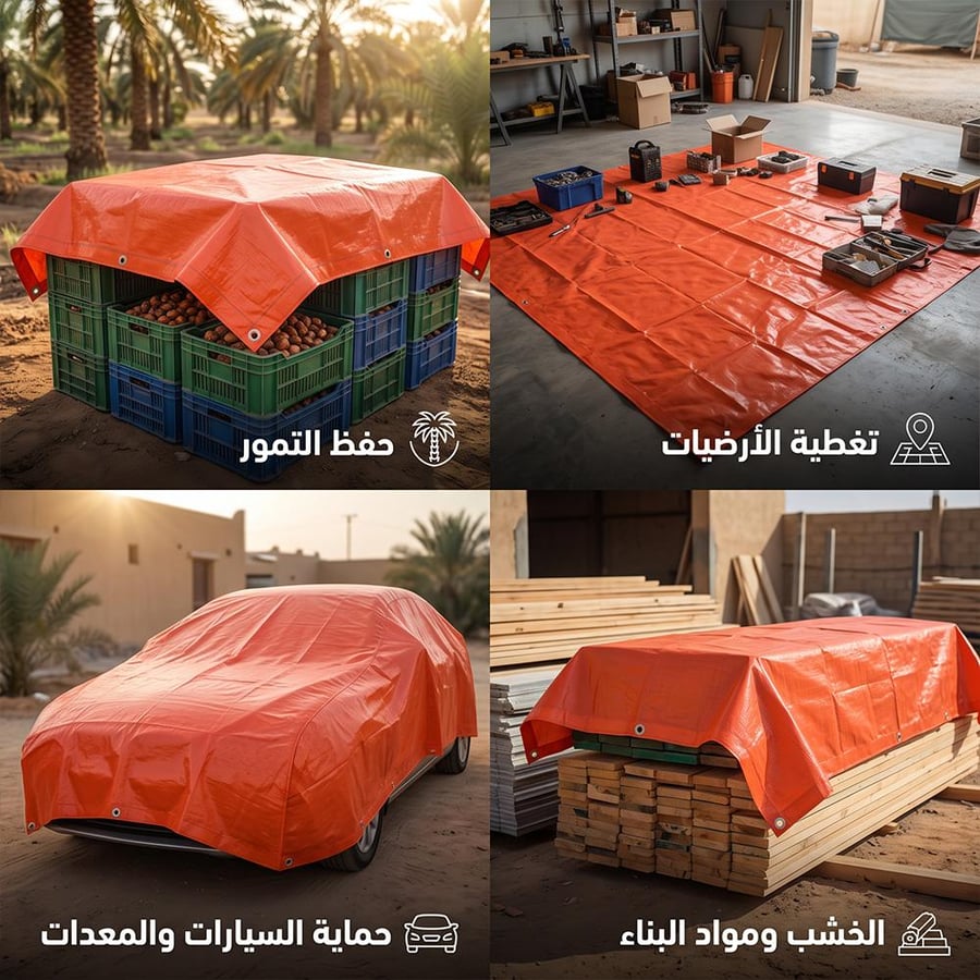 شراع بلاستيك برتقالي يغطي مواد البناء والسيارات لحمايتها من الغبار