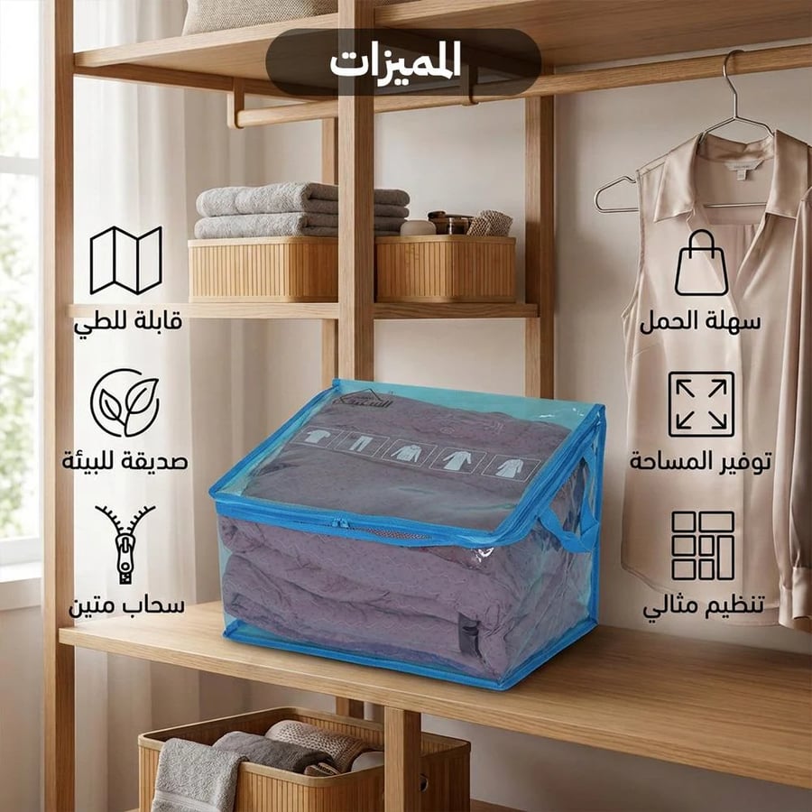 شنطة تخزين أزرق شفاف من السنيدي تظهر بوضوح داخل خزانة مع ملابس مرتبة