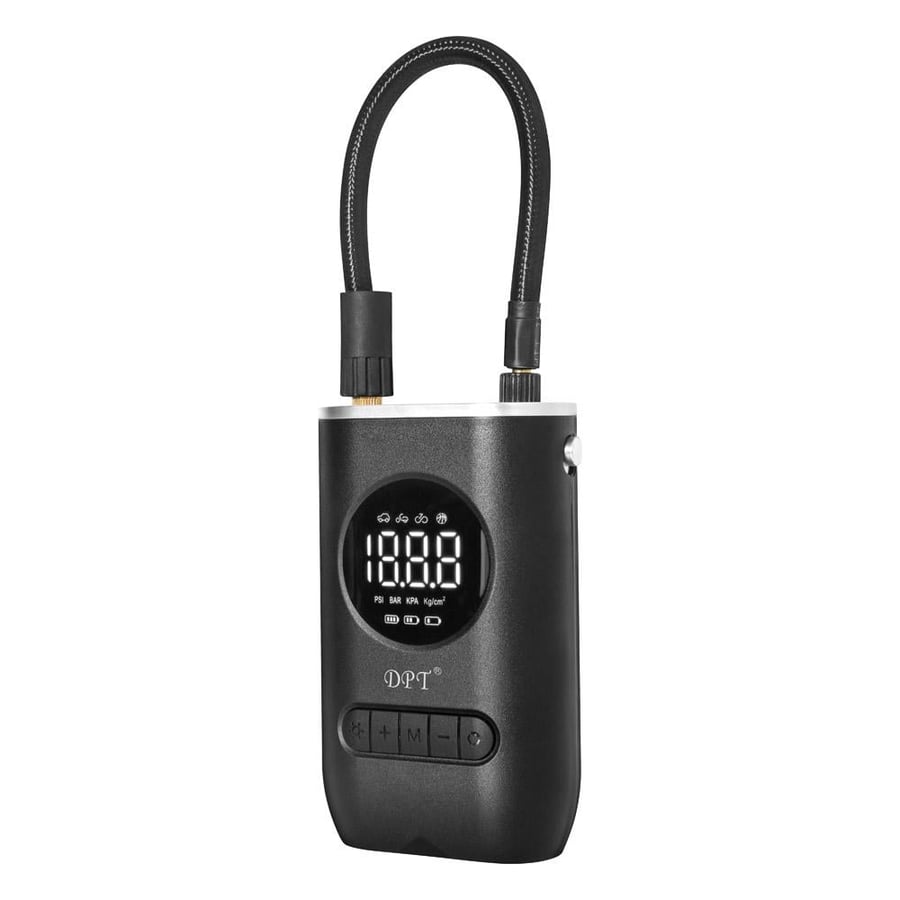 منفاخ إطارات لاسلكي أسود قابل للشحن USB مع شاشة رقمية وكشاف السنيدي