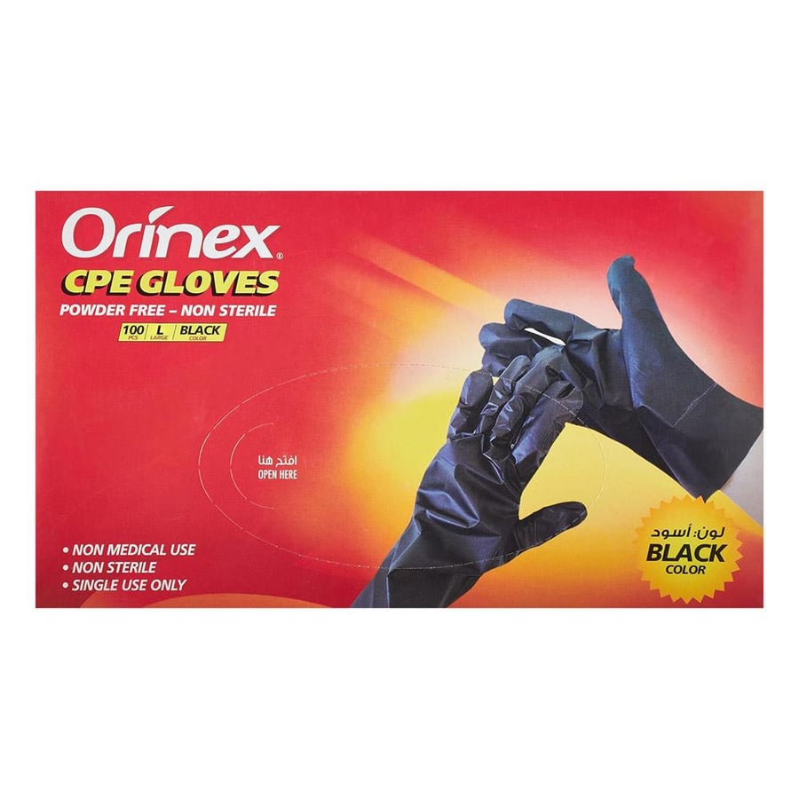 قفاز يد CPE بدون بودرة Orinex مقاس L عبوة 100 حبة أسود من السنيدي