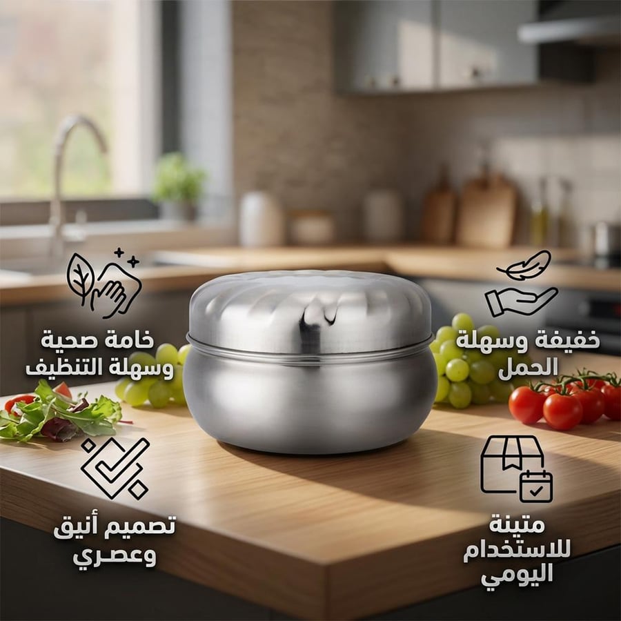 حافظة طعام ستانلس ستيل على طاولة المطبخ بخلفية مكونات طعام مميزات