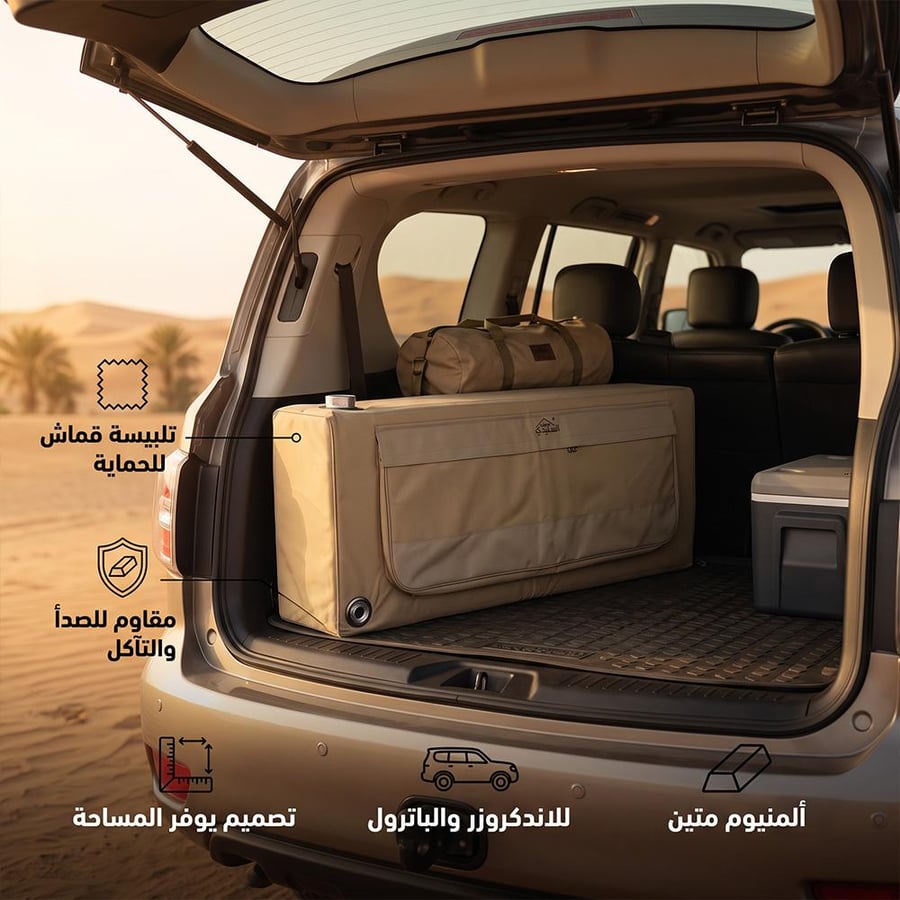 تانكي ماء ألومنيوم 90 لتر مع جراب قماش داخل سيارة دفع رباعي يبرز