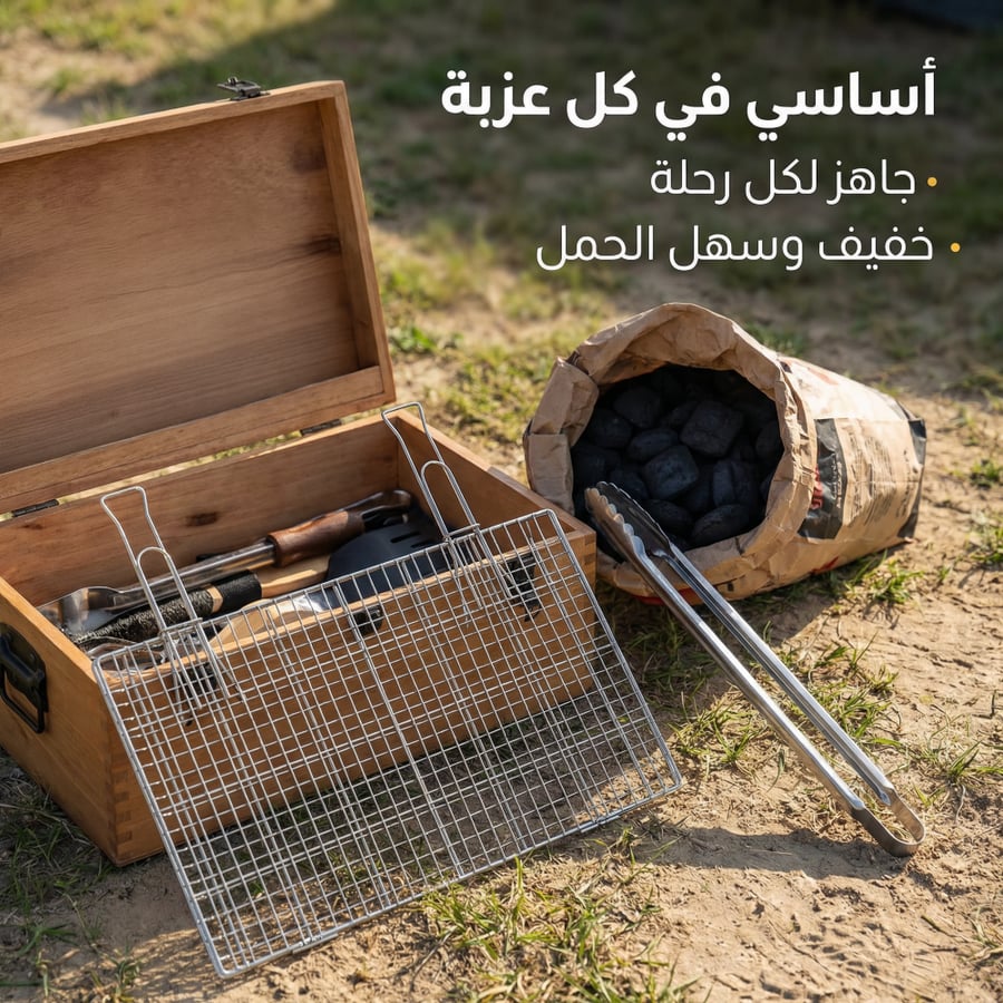بكج الشواء المختصر يتضمن شبك شوي وفرشاة تنظيف يظهر بجانب صندوق خشبي