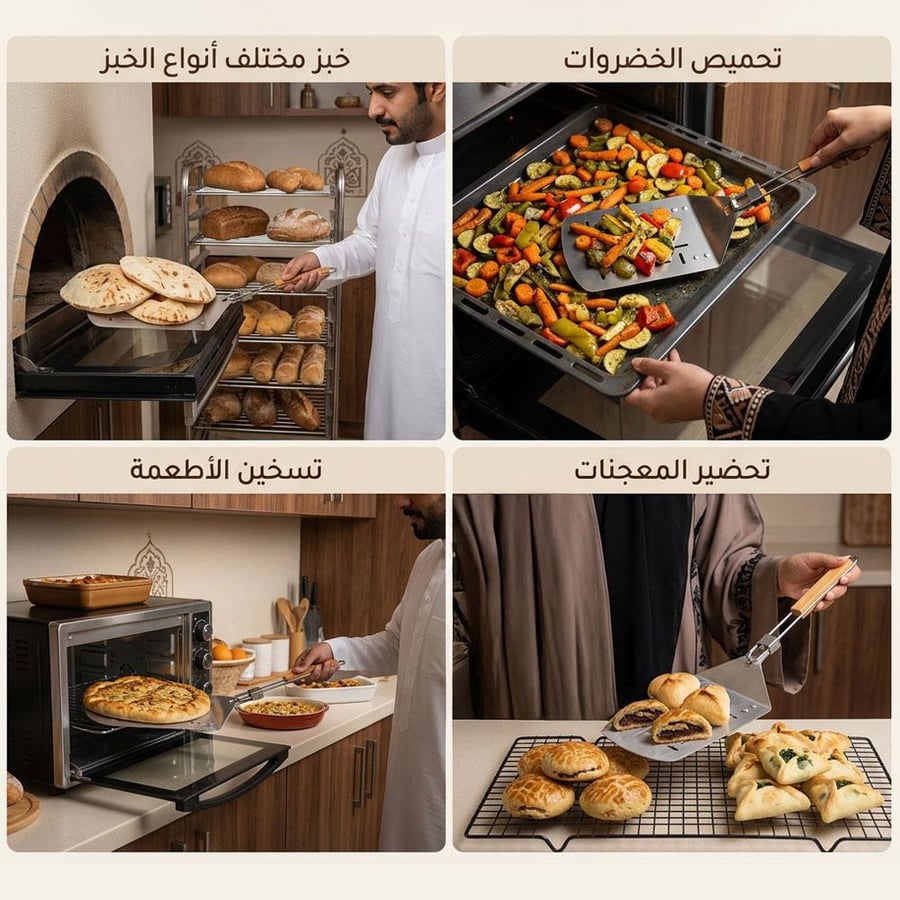 صاج خبز عربي 47 × 18 سم شفرة ستانلس ستيل بمقبض خشبي للخبز والطبخ
