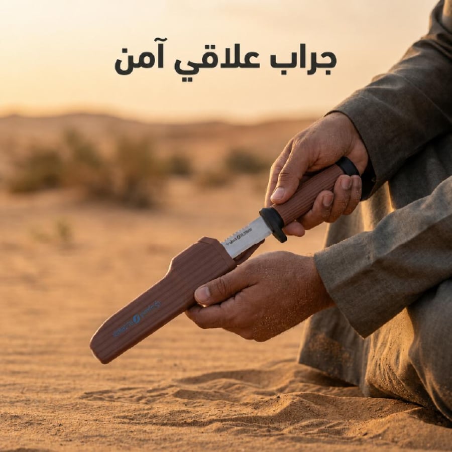 سكين صياد بنصل منشاري من السنيدي ي ظهر الأيدي وهي تمسك بالمقبض البني