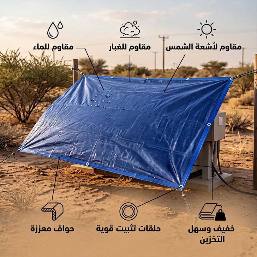 شراع بلاستيك أزرق في الصحراء يظهر مقاوم ا للماء والغبار والشمس مزود