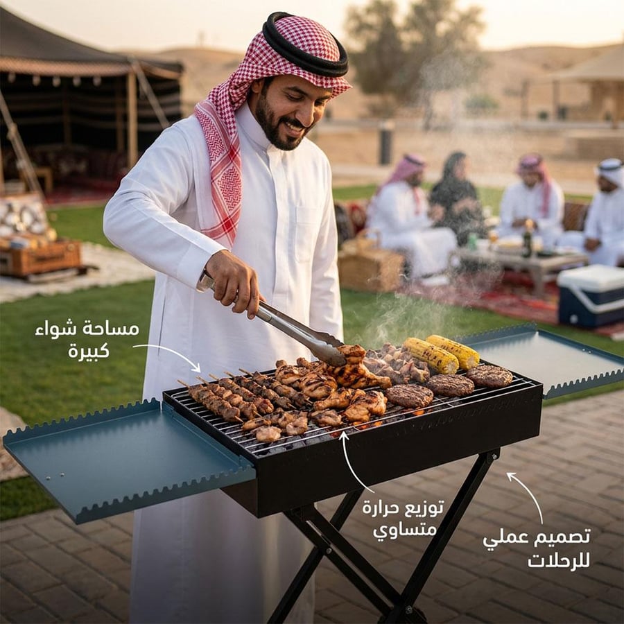 شخص يستخدم شواية فحم قابلة للطي في الصحراء تظهر تفاصيل توزيع الحرارة