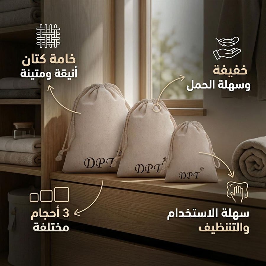 حقائب كتان بيج من DPT بثلاثة مقاسات للتخزين خفيفة وسهلة التنظيف