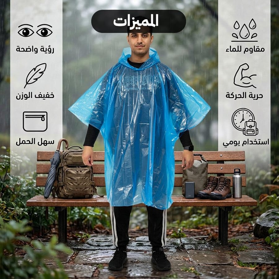 شخص يرتدي لباس واقي مطر بلاستيكي أزرق شفاف في حديقة ماطرة يظهر مميزات