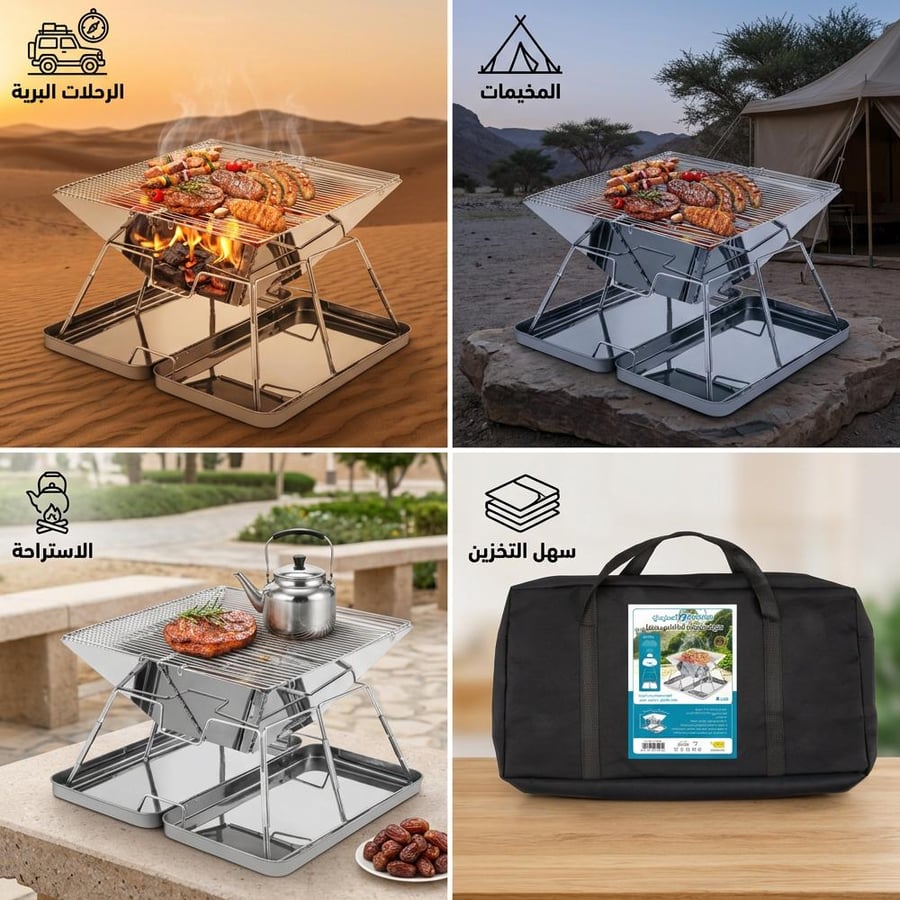 منقل وشواية رحلات هرمي من الستانلس ستيل مقاس 30 × 30 × 22 سم فضي