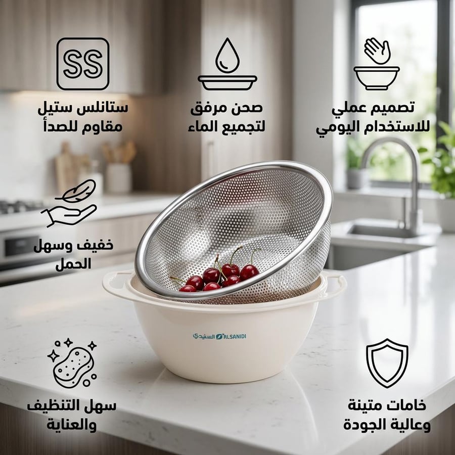 مصفاة طعام ستانلس ستيل مع صحن بلاستيك لتجميع الماء تصميم عملي وصحي