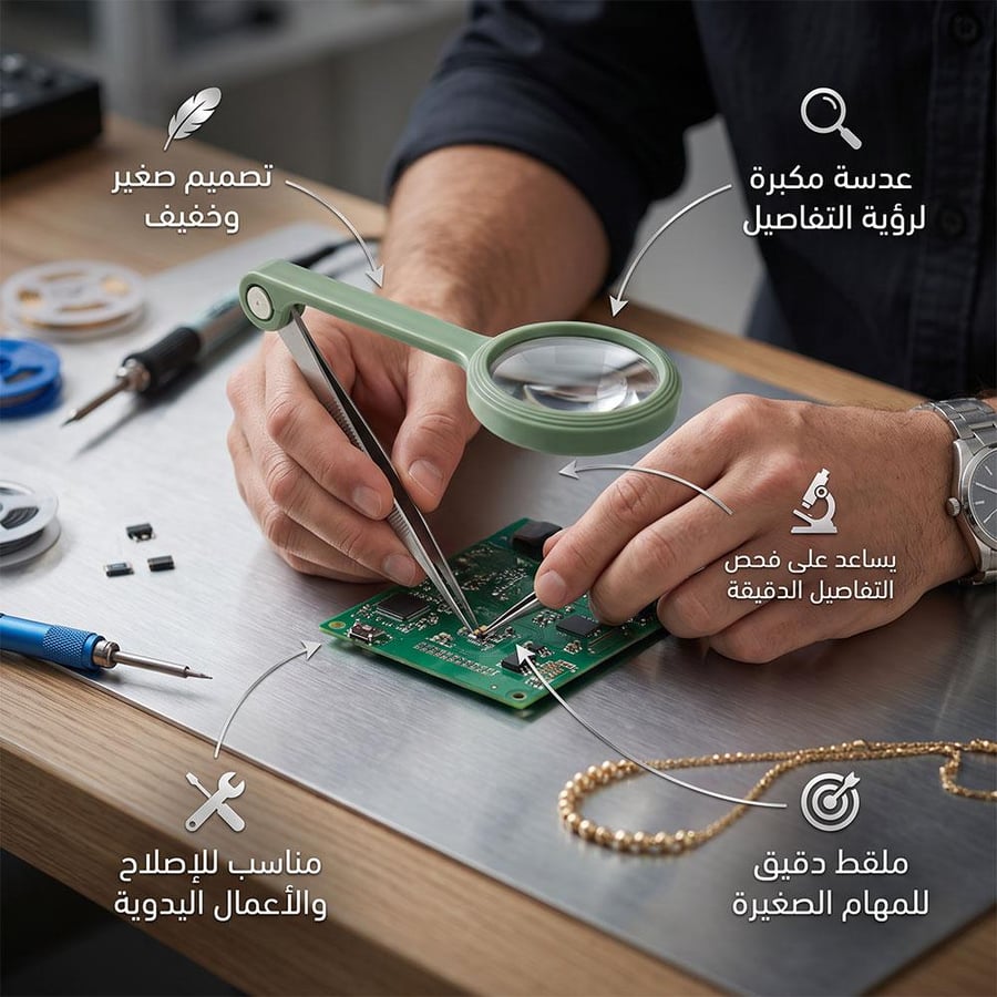 ملقاط بملحق عدسة مكبرة يستخدم في فحص دقيق لقطعة إلكترونية على طاولة