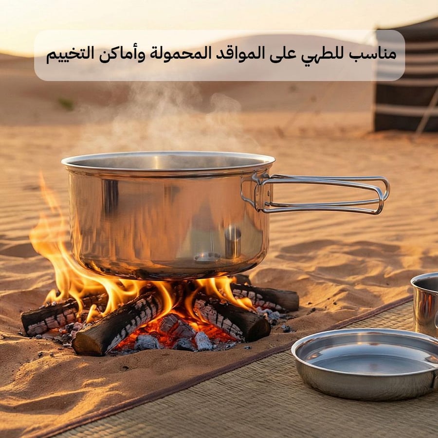 طقم قدور ستانلس ستيل على نار الحطب في الصحراء للاستخدام في التخييم